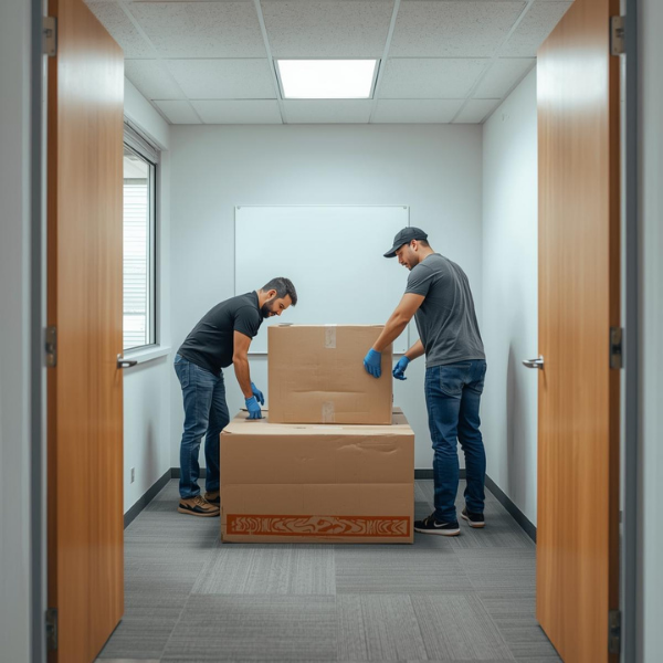 Équipe de déménagement installant des bureaux dans de nouveaux locaux à Bruxelles