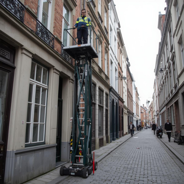 Technicien installant un lift de déménagement dans une rue bruxelloise
